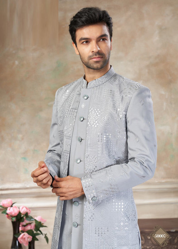 Elegant Grey Color Silk Fabric Mens Indowestern