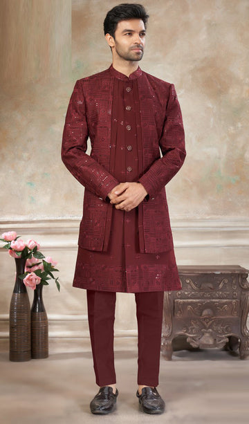 Elegant Maroon Color Silk Fabric Mens Indowestern