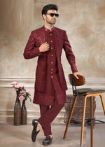Elegant Maroon Color Silk Fabric Mens Indowestern