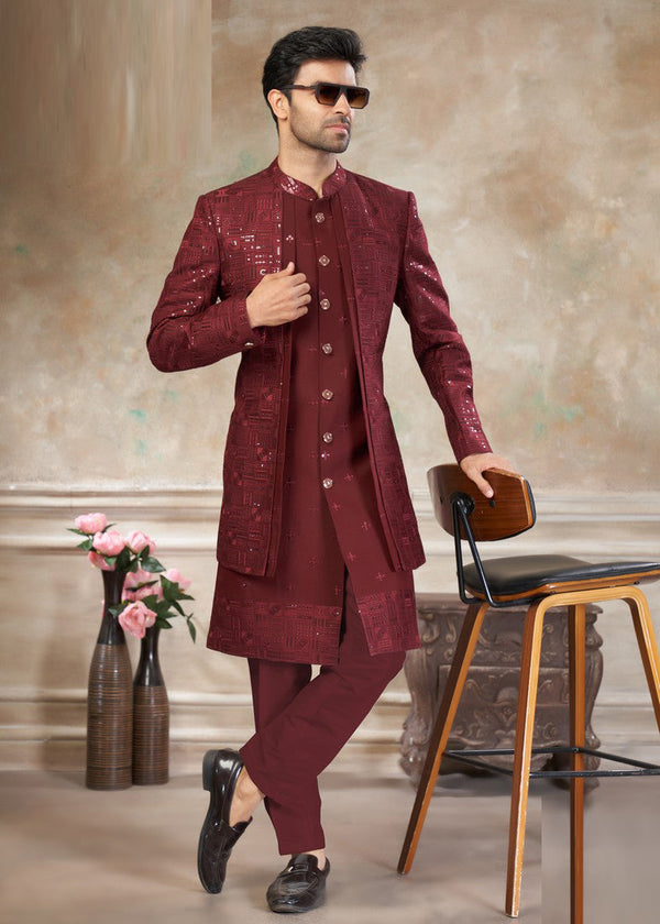 Elegant Maroon Color Silk Fabric Mens Indowestern