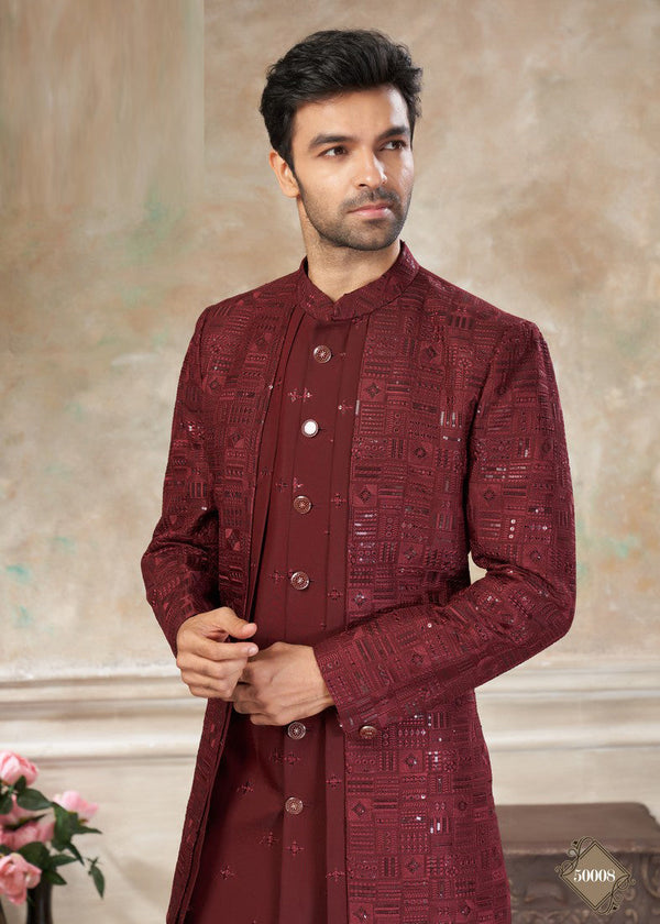 Elegant Maroon Color Silk Fabric Mens Indowestern