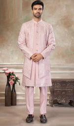 Elegant Pink Color Silk Fabric Mens Indowestern