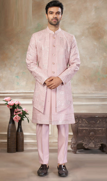 Elegant Pink Color Silk Fabric Mens Indowestern