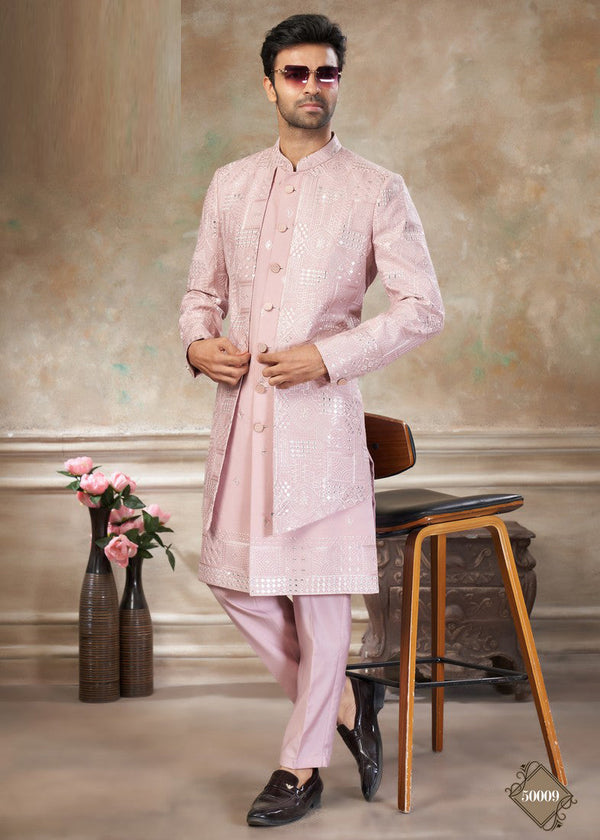 Elegant Pink Color Silk Fabric Mens Indowestern