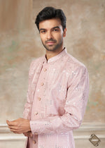 Elegant Pink Color Silk Fabric Mens Indowestern