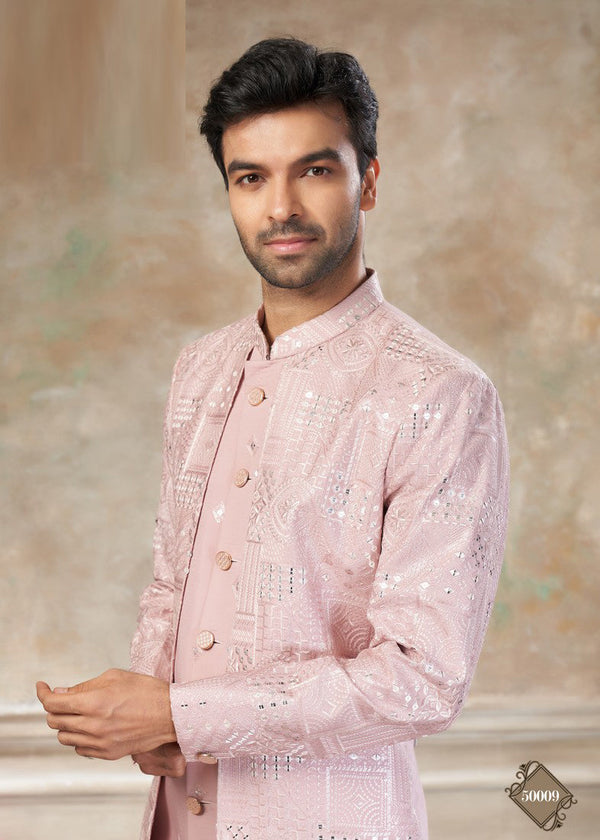 Elegant Pink Color Silk Fabric Mens Indowestern