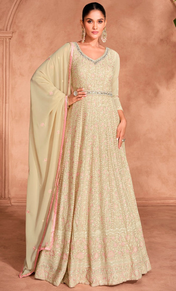 Amazing Cream Color Georgette Fabric Partywear Suit