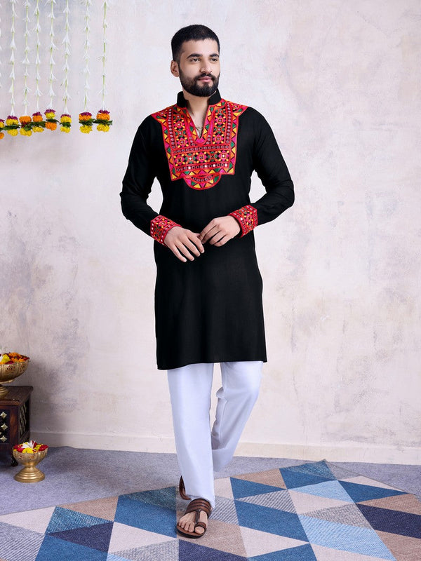 Impressive Black Color Rayon Fabric Mens Kurta