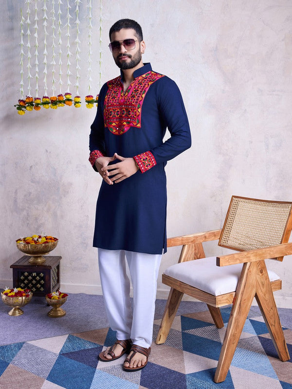 Impressive Navy Blue Color Rayon Fabric Mens Kurta