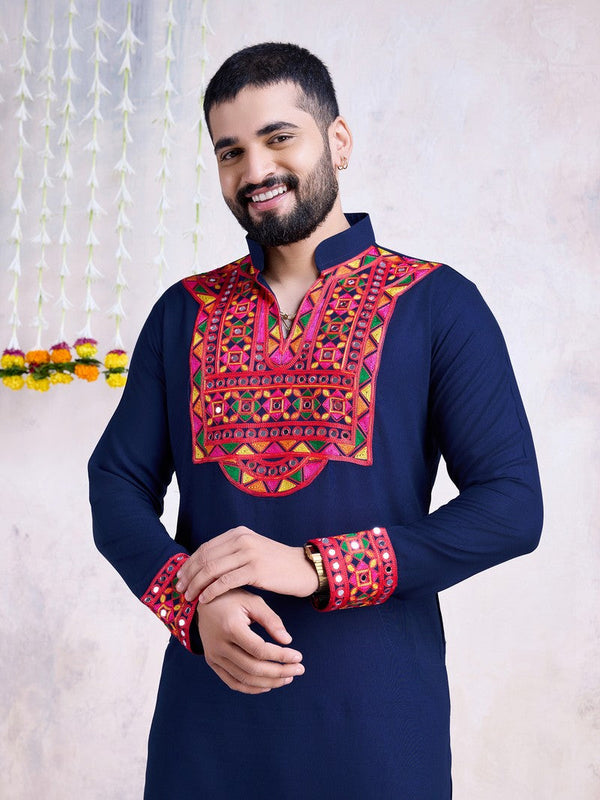 Impressive Navy Blue Color Rayon Fabric Mens Kurta