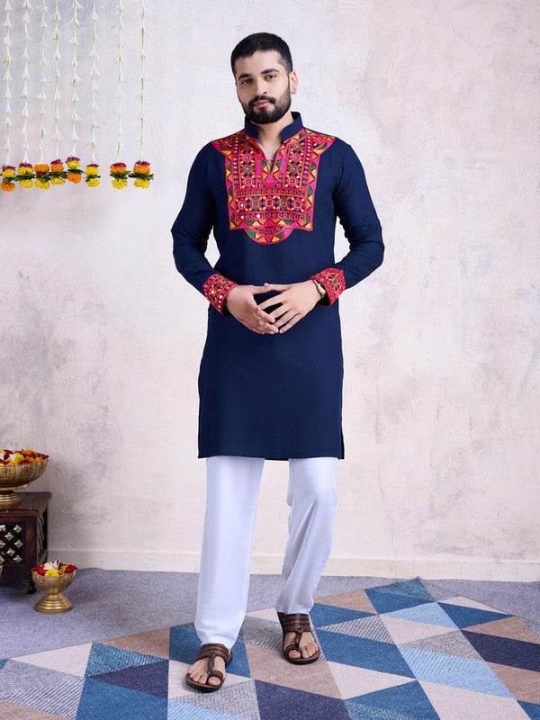 Impressive Navy Blue Color Rayon Fabric Mens Kurta