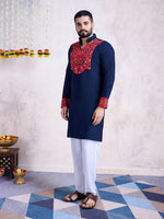 Impressive Navy Blue Color Rayon Fabric Mens Kurta