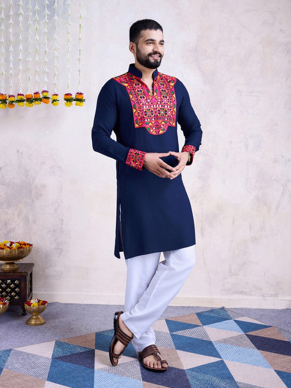 Impressive Navy Blue Color Rayon Fabric Mens Kurta