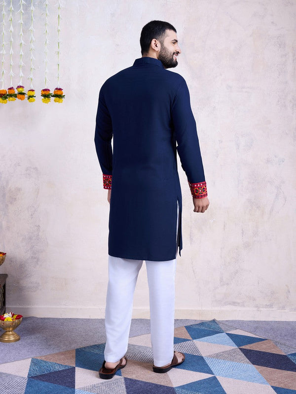 Impressive Navy Blue Color Rayon Fabric Mens Kurta