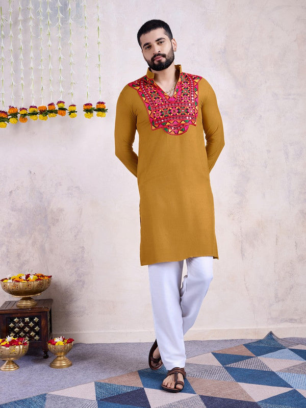 Impressive Mustard Color Rayon Fabric Mens Kurta