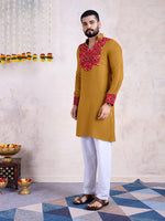 Impressive Mustard Color Rayon Fabric Mens Kurta