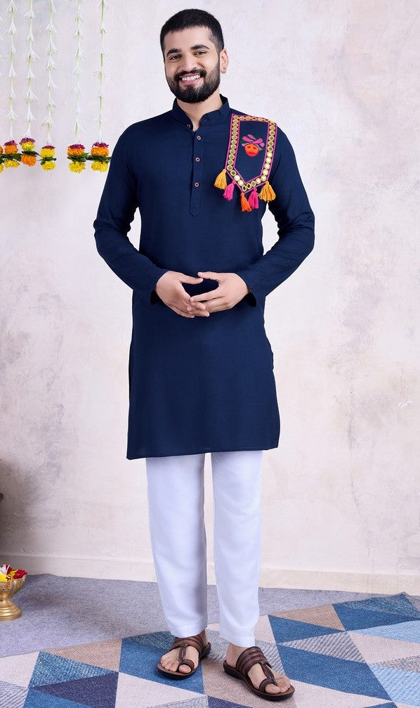 Beautiful Navy Blue Color Rayon Fabric Mens Kurta