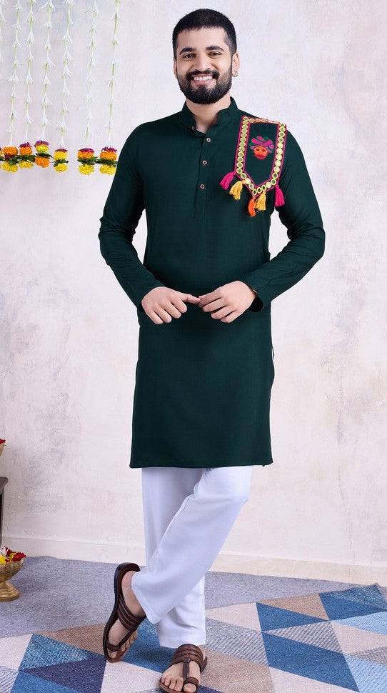 Beautiful Green Color Rayon Fabric Mens Kurta