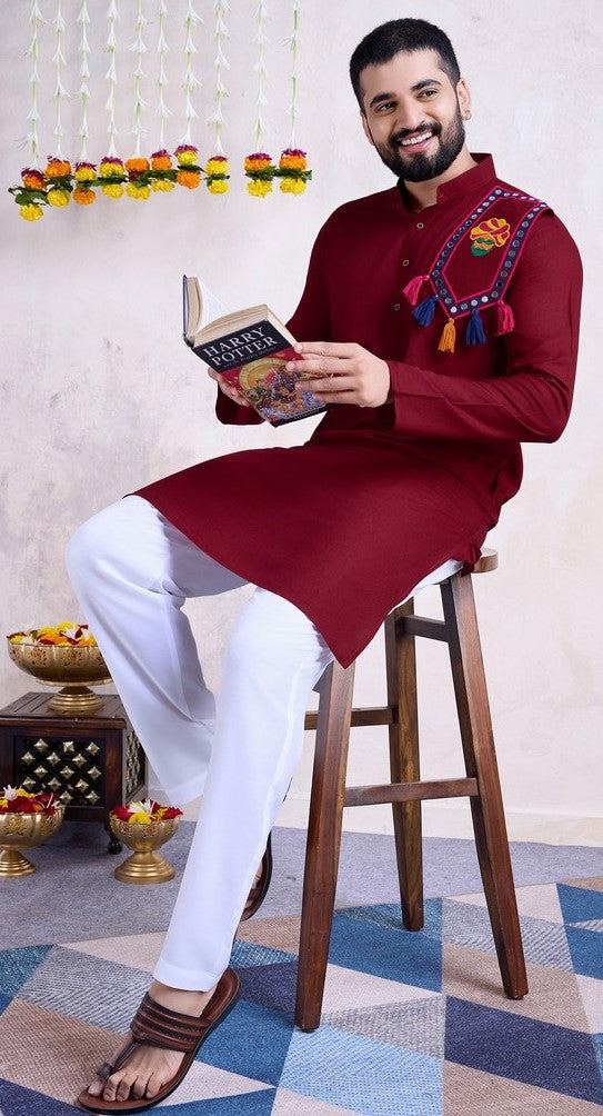 Beautiful Maroon Color Rayon Fabric Mens Kurta