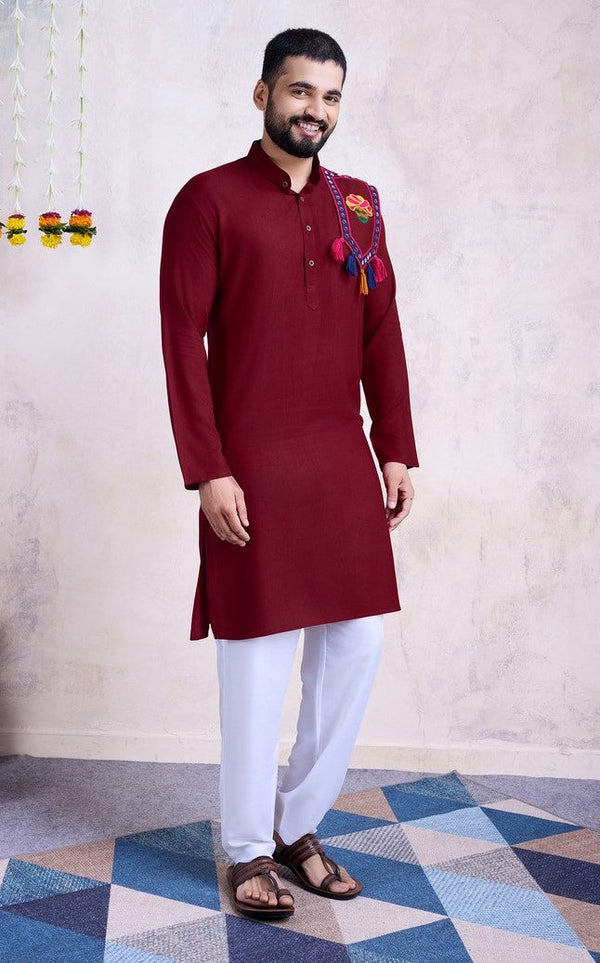 Beautiful Maroon Color Rayon Fabric Mens Kurta