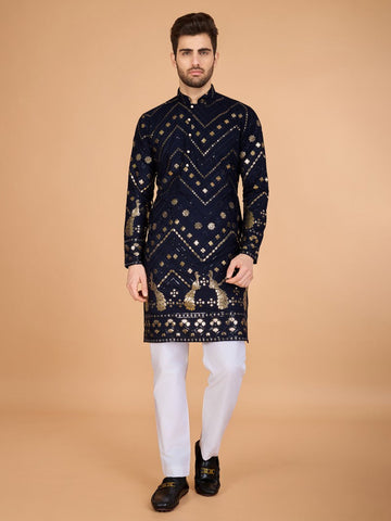 Amazing Navy Blue Color Viscose Fabric Mens Kurta