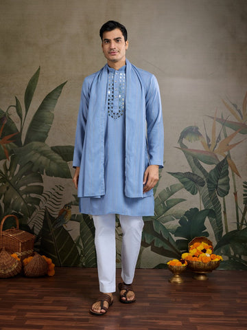 Dazzling Blue Color Viscose Fabric Mens Kurta With Dupatta