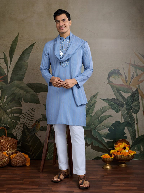 Dazzling Blue Color Viscose Fabric Mens Kurta With Dupatta