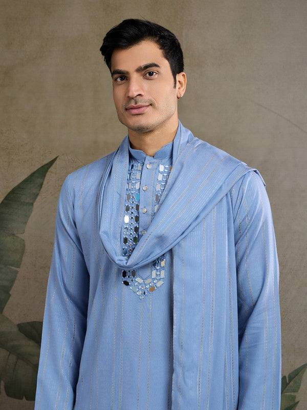Dazzling Blue Color Viscose Fabric Mens Kurta With Dupatta