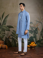 Dazzling Blue Color Viscose Fabric Mens Kurta With Dupatta