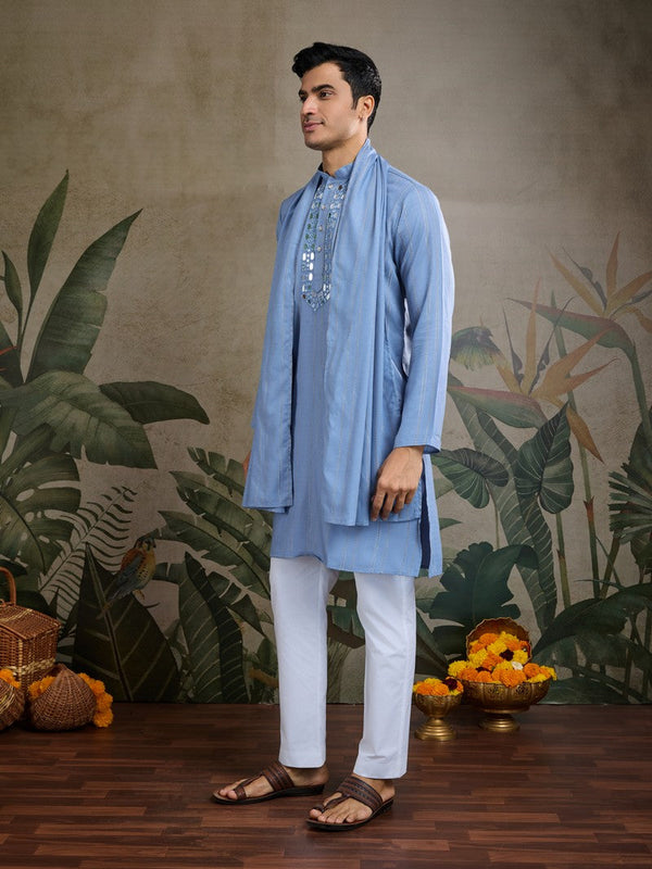 Dazzling Blue Color Viscose Fabric Mens Kurta With Dupatta