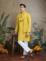 Dazzling Yellow Color Viscose Fabric Mens Kurta With Dupatta