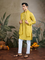 Dazzling Yellow Color Viscose Fabric Mens Kurta With Dupatta