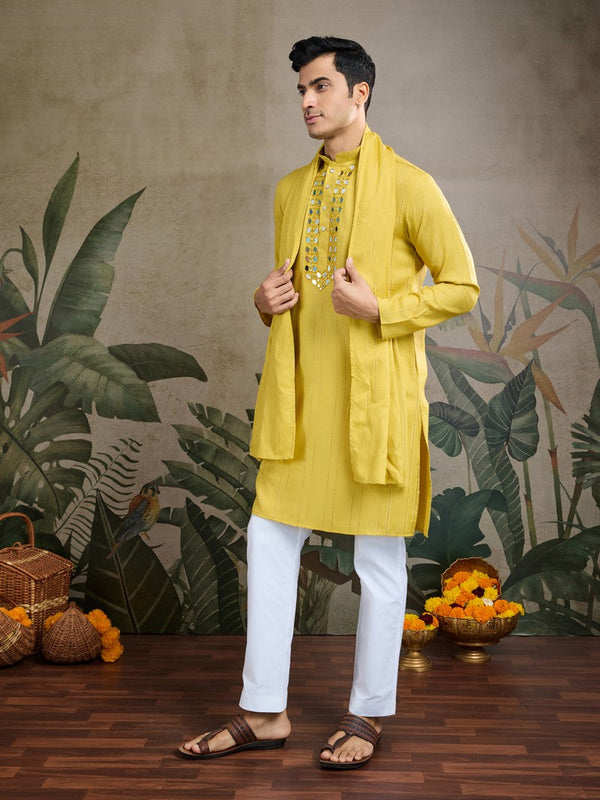 Dazzling Yellow Color Viscose Fabric Mens Kurta With Dupatta