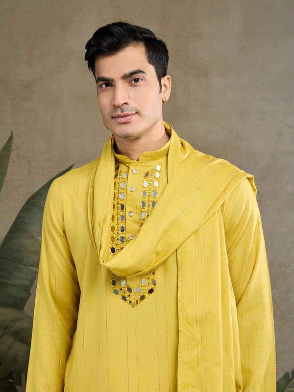 Dazzling Yellow Color Viscose Fabric Mens Kurta With Dupatta