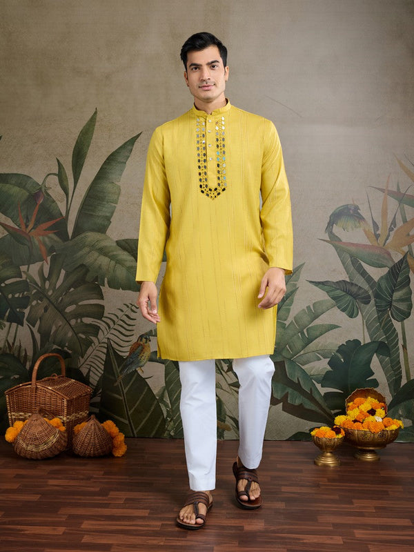 Dazzling Yellow Color Viscose Fabric Mens Kurta With Dupatta