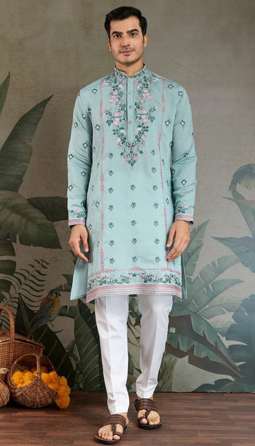 Amazing Aqua Color Viscose Fabric Mens Kurta