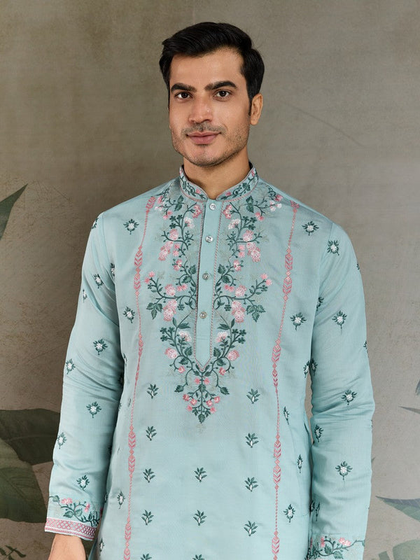 Amazing Aqua Color Viscose Fabric Mens Kurta