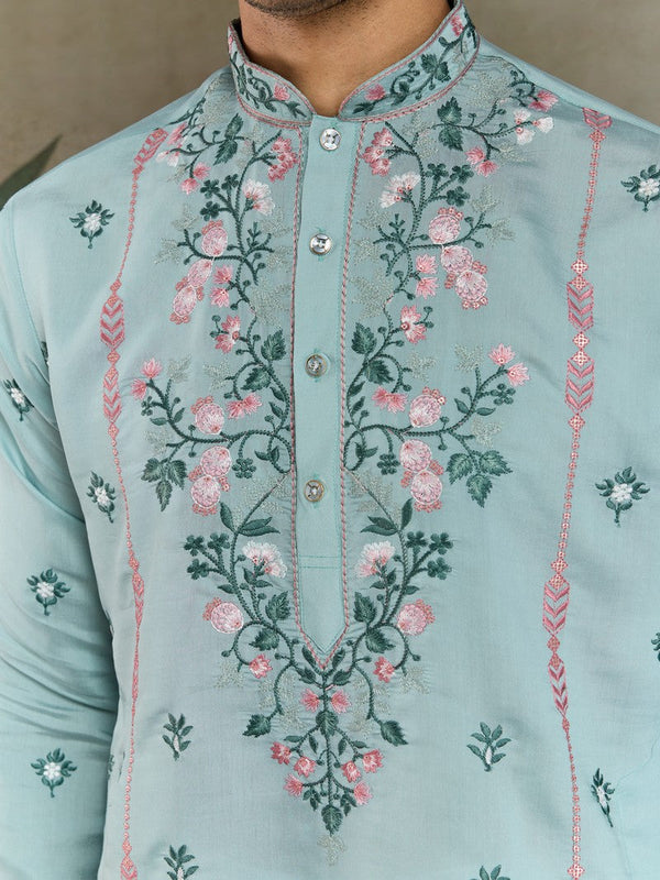 Amazing Aqua Color Viscose Fabric Mens Kurta