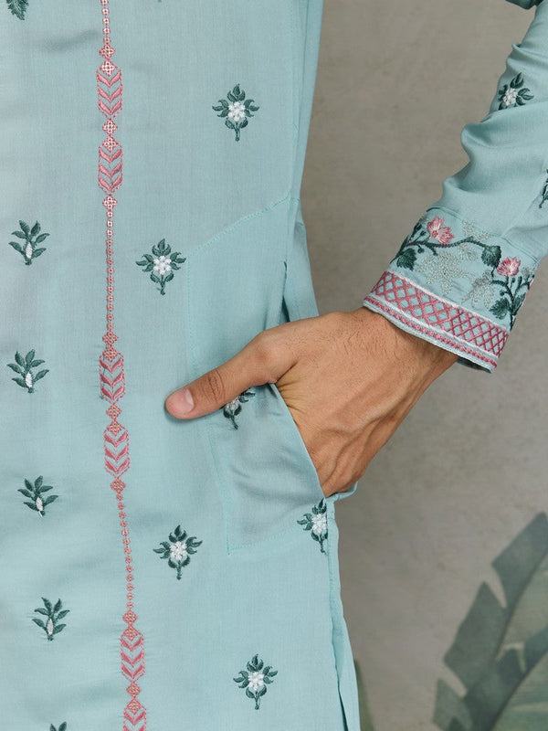 Amazing Aqua Color Viscose Fabric Mens Kurta