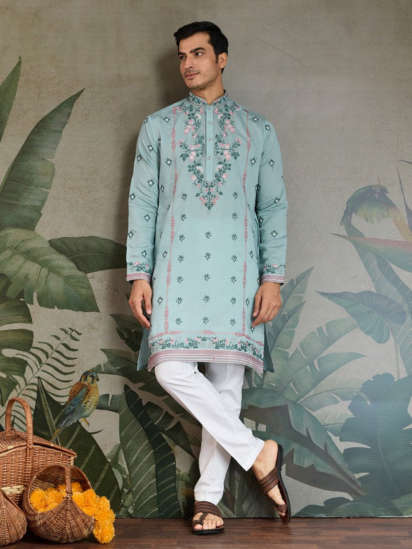 Amazing Aqua Color Viscose Fabric Mens Kurta