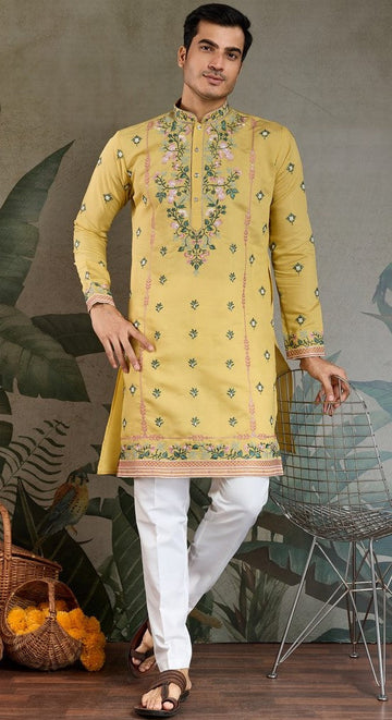 Amazing Yellow Color Viscose Fabric Mens Kurta