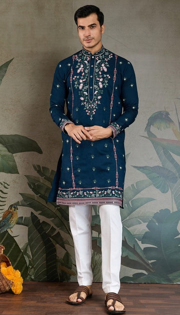 Amazing Teal Color Viscose Fabric Mens Kurta