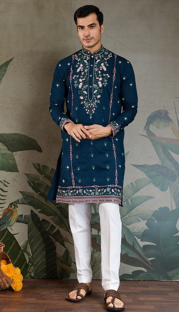 Amazing Teal Color Viscose Fabric Mens Kurta