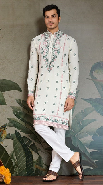 Amazing White Color Viscose Fabric Mens Kurta