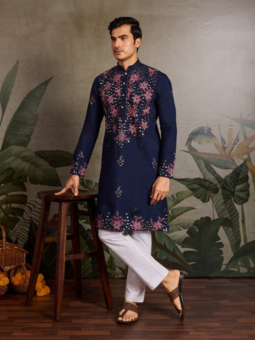 Amazing Navy Blue Color Viscose Fabric Mens Kurta