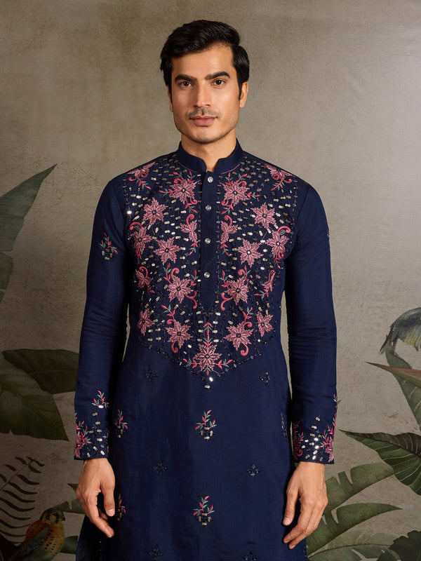 Amazing Navy Blue Color Viscose Fabric Mens Kurta