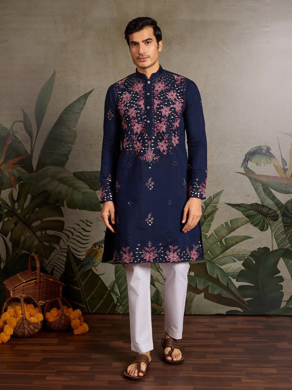 Amazing Navy Blue Color Viscose Fabric Mens Kurta