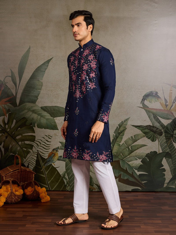 Amazing Navy Blue Color Viscose Fabric Mens Kurta