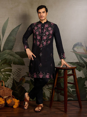 Amazing Black Color Viscose Fabric Mens Kurta