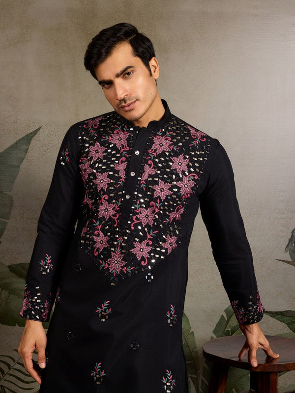 Amazing Black Color Viscose Fabric Mens Kurta
